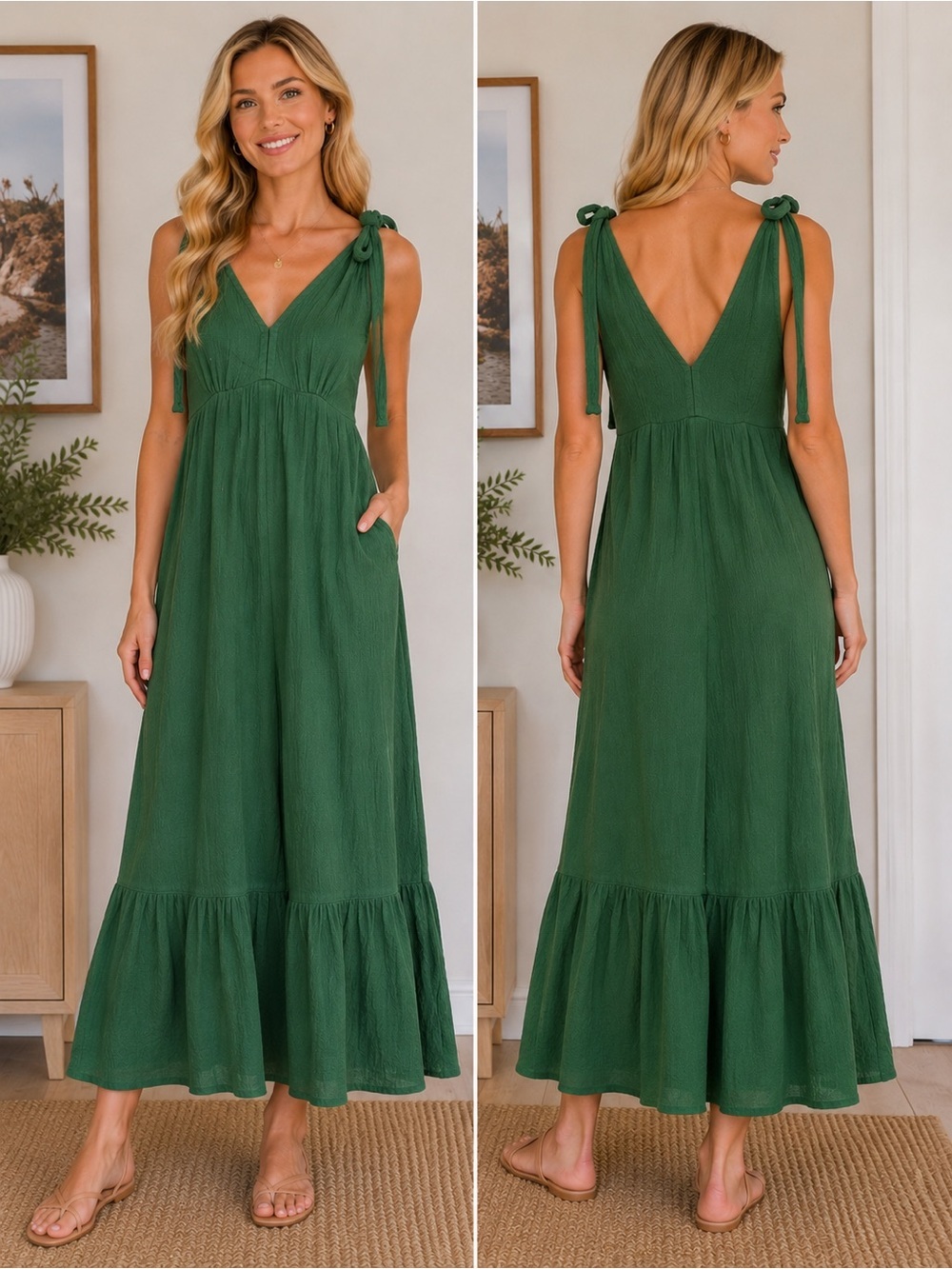 Abercrombie & Fitch Green Shkulder Tie V-neck Midi Dress 25490